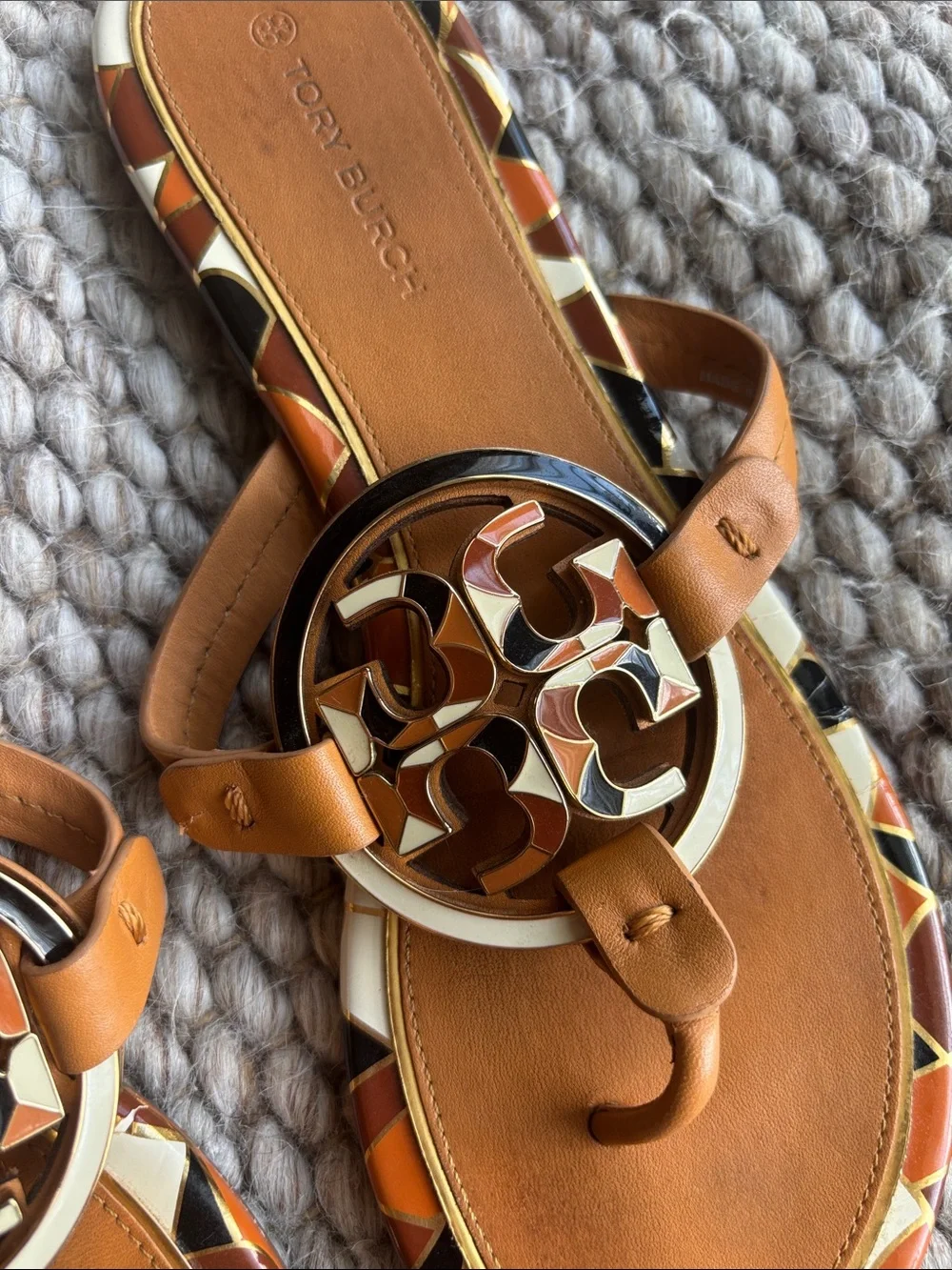 Tory Burch Tan Leather Logo Thong Sandals with Multicolor Trim